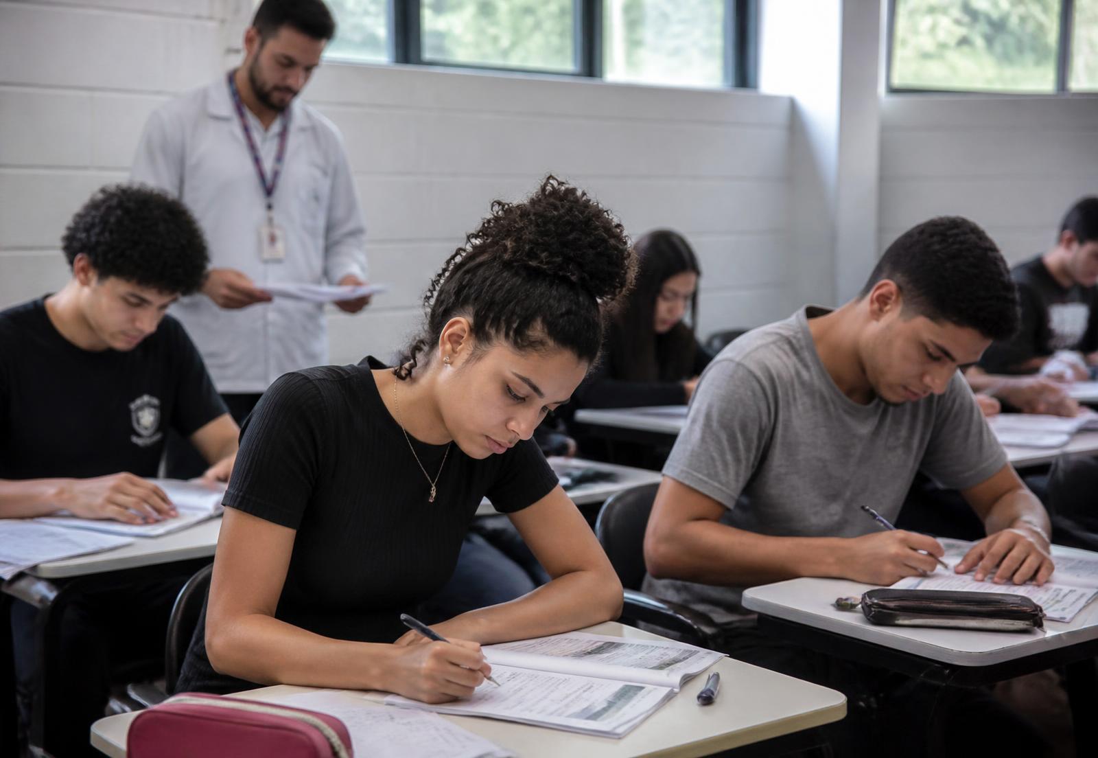 Jovens estudantes brasileiros em sala de aula profissionalizante estudando com apostilas e cadernos