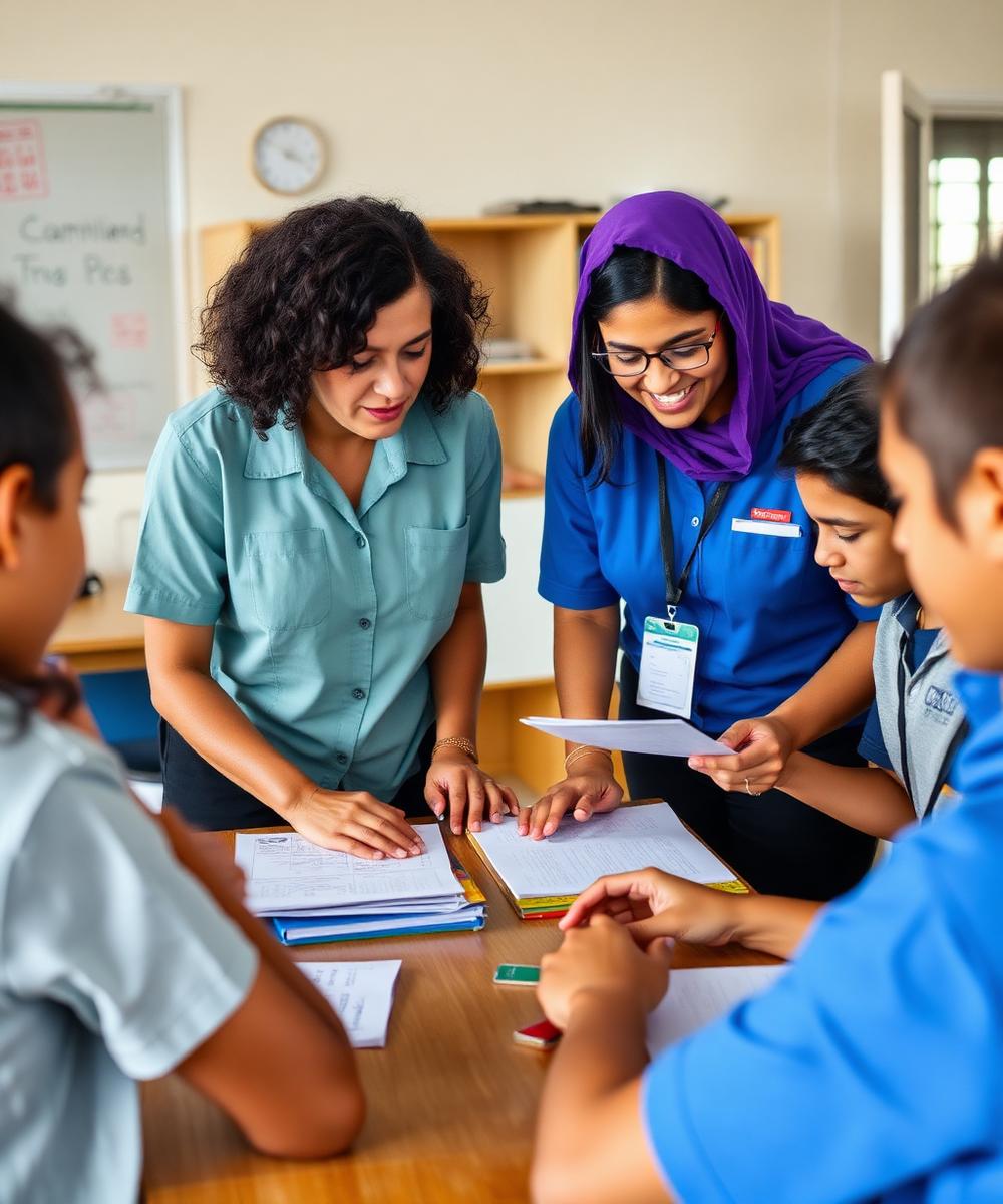 Professora orientando alunos durante atividade prática em sala de aula