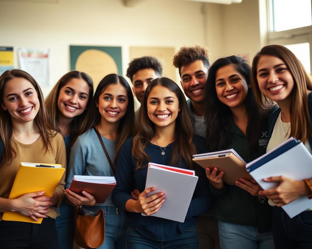 Alunos sorrindo com seus materiais didáticos após atividade em grupo
